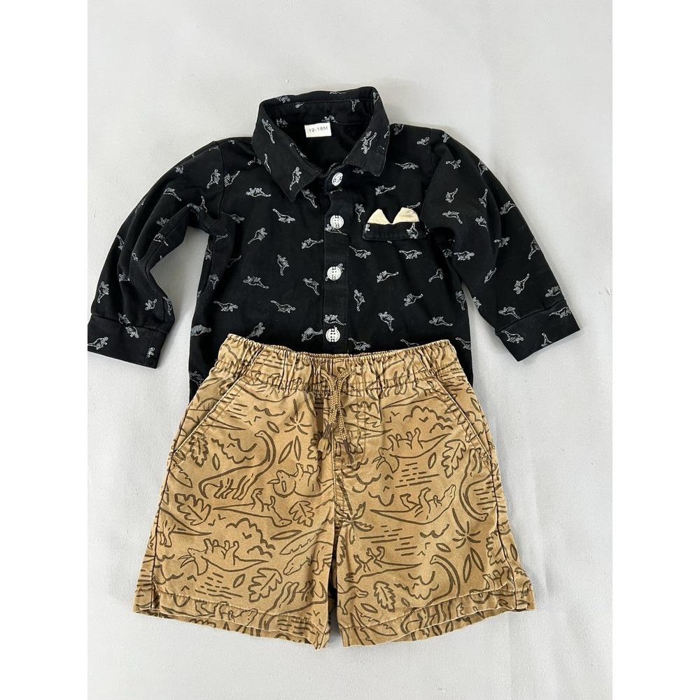 Cat & Jack Boys Shorts Black Shirt Dinosaurs Print Size 12- 18 Months